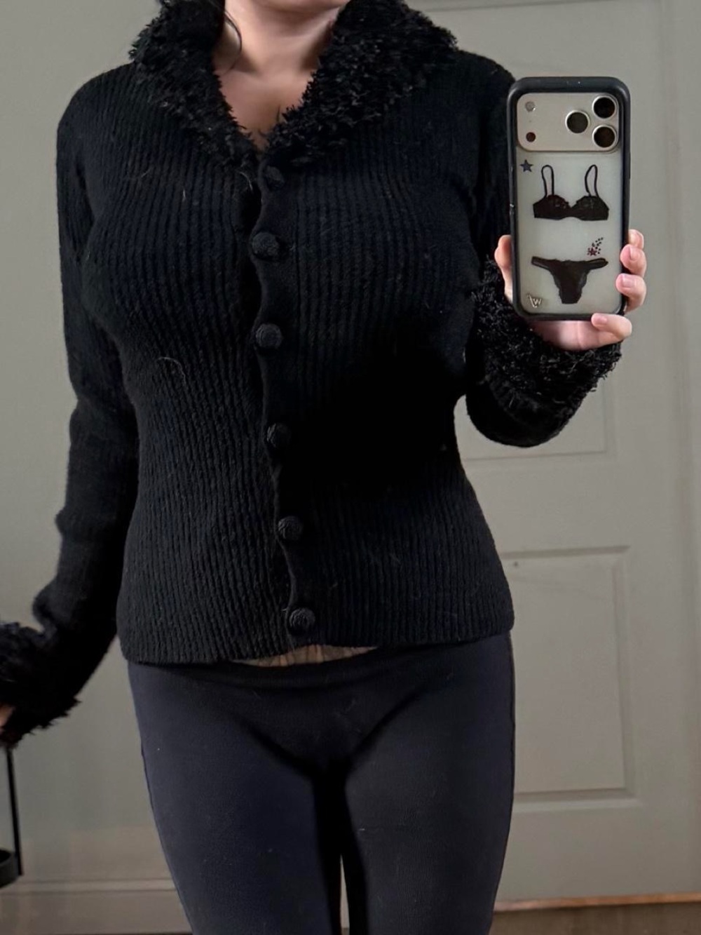 Button-Front Black Ribbed Cardigan with Fuzzy Trim
